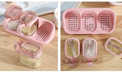 OUTOS Glass Transparent Spice Jar Seasoning Box Set Kitchen Container Tools Condiment Jars Cruet with Cover and Spoon Kitchen Utensils Supplies Salt Cellar with Lid (Pink, 3)(with base)
