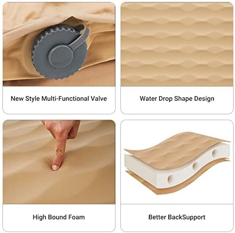 KingCamp Sleeping Pad for Camping, R 7.9 Self-Inflating Sleeping Pad 3" Thick Camping Mattress Foam Mat with 3D Sidewalls & Wave Surface Cut for Outdoor Tent Cot Car Backpacking, PVC Free (Khaki)