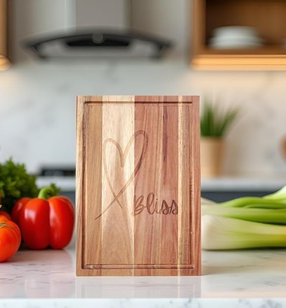 Wood Heart Organic Wooden Cutting Board with Juice Groove. Made with Natural Acacia Hard Wood it is Durable Anti-Slip Best for Chopping Fruits Veggies, Decorating Cheese Board & Kitchen Serving Tray