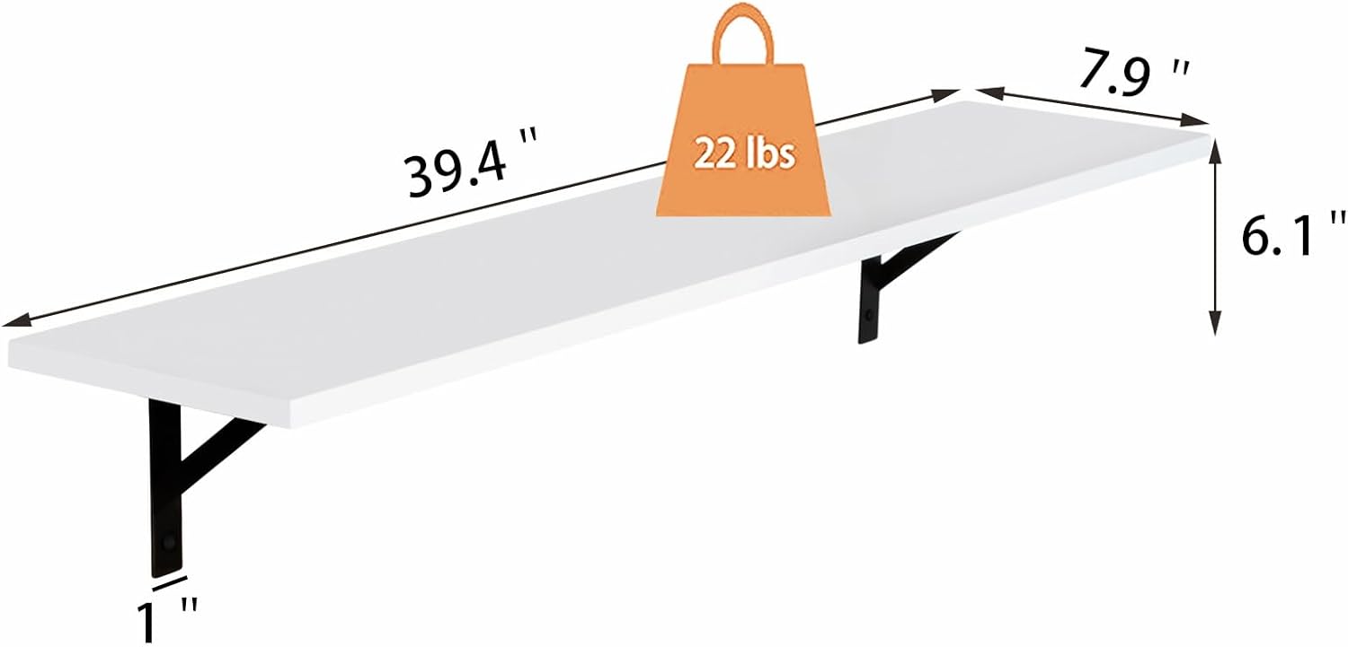 DINZI LVJ Long Wall Shelves, 39.4Inch Wall Mounted Shelves Set of 2, Easy-to-Install, Wall Storage Ledges with Sturdy Metal Brackets for Living Room, Bathroom, Bedroom, Kitchen, White