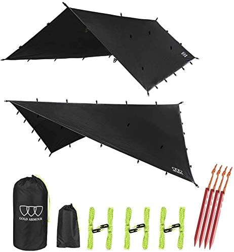 Gold Armour Rainfly Tarp Hammock, Premium 14.7ft/12ft/10ft/8ft Rain Fly Cover, Waterproof Ultralight Camping Shelter Canopy, Survival Equipment Gear Camping Tent Accessories (Black 10ft x 8ft)