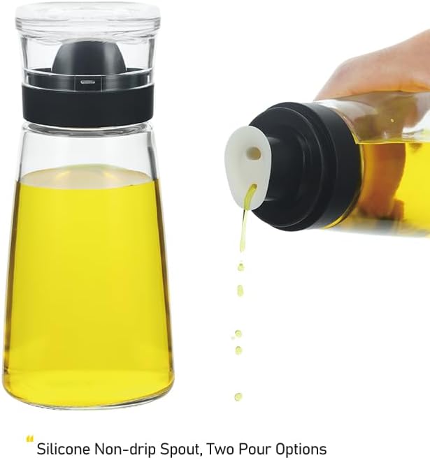 Small Glass Olive Oil and Vinegar Dispenser Bottles Set for Kitchen Cooking with Silicone Dual Pouring Spout, Soy Sauce Dispenser with Dust-proof Lid - Set of 2 (Black, 5.4 oz)