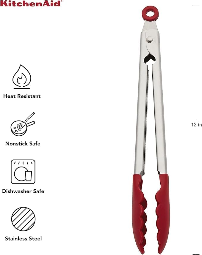 KitchenAid Silicone Stainless Steel Tongs, 12 Inch, Red