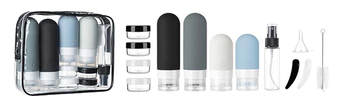 16 Pack Travel Bottles Set - TSA Approved Leak Proof Silicone Squeezable Containers for Toiletries, Conditioner, Shampoo, Lotion & Body Wash Accessories (16 pcs/Black Pack)