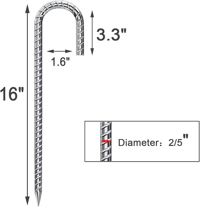 Rebar Stakes 12 Inch 10 Pack Tent Stakes Heavy Duty Metal J Hook, Fence Stakes for Trampoline, Fence, Camping Tent (17, J-16 x2/5")