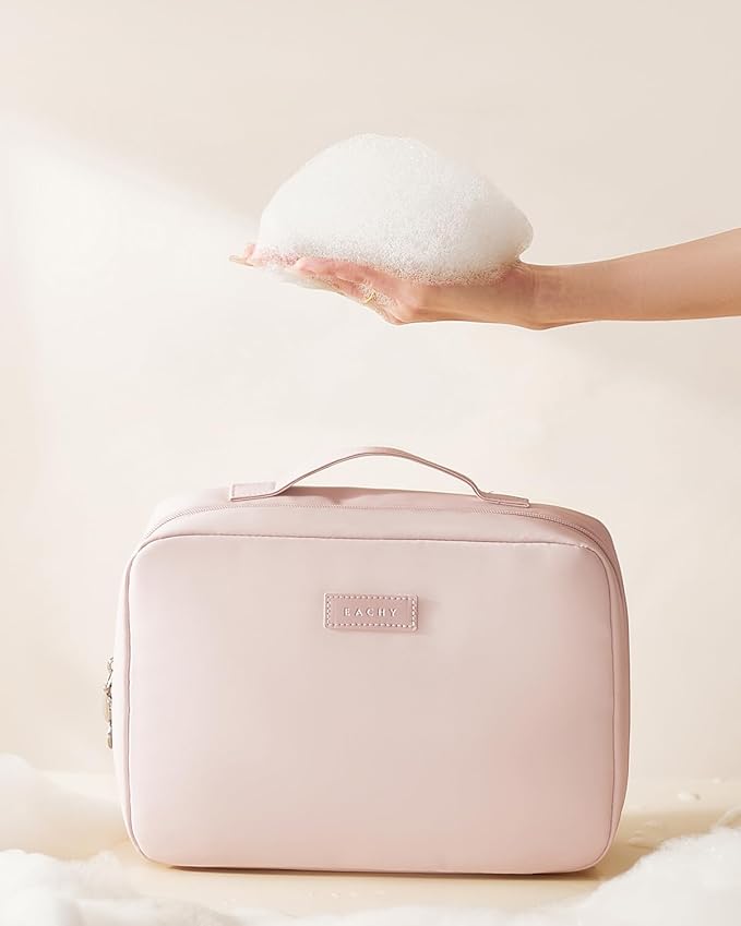 EACHY Travel Toiletry Bag with Hanging Hook, Portable Makeup Cosmetic Bags for Women, Water-Resistant Full-Size Travel Accessories (Pink)