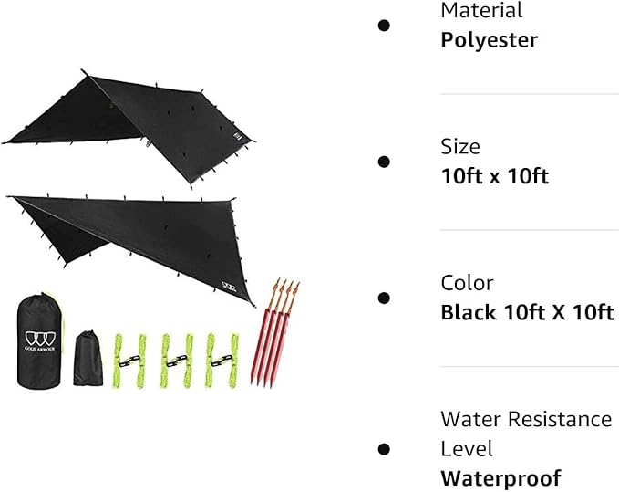 Gold Armour Rainfly Tarp Hammock, Premium 14.7ft/12ft/10ft/8ft Rain Fly Cover, Waterproof Ultralight Camping Shelter Canopy, Survival Equipment Gear Camping Tent Accessories (Black 10ft x 10ft)