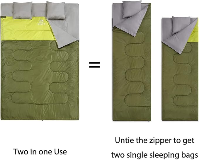 oaskys Double Sleeping Bag for Adults with 2 Pillows - Queen Size XL Waterproof Sleeping Bag for All Season Camping Hiking Backpacking 2 Person Sleeping Bags for Cold Weather & Warm