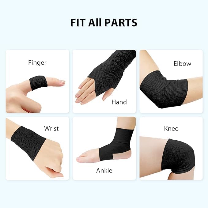 Cohesive Bandage 2” x 5 Yards, 8 Rolls, Self Adherent Wrap Medical Tape, Adhesive Flexible Breathable First Aid Gauze Ideal for Stretch Athletic. for First Aid Medical,Sports Injuries.(Black)
