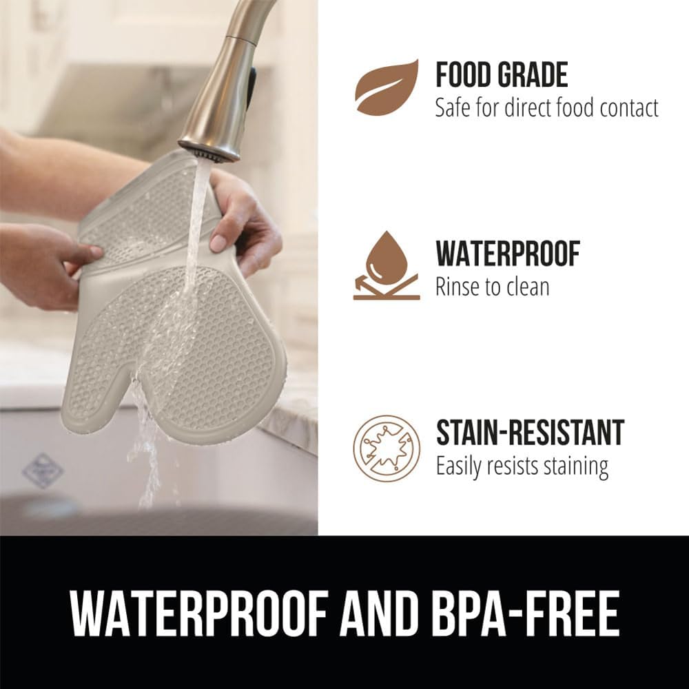 GORILLA GRIP BPA-Free Soft Silicone Oven Mitts, 14.5x8.3, Heat Resistant and Waterproof Cooking Gloves, Thick Cotton Lining, Flexible Gripping for Baking Grilling, Kitchen Potholders Set of 2, Almond