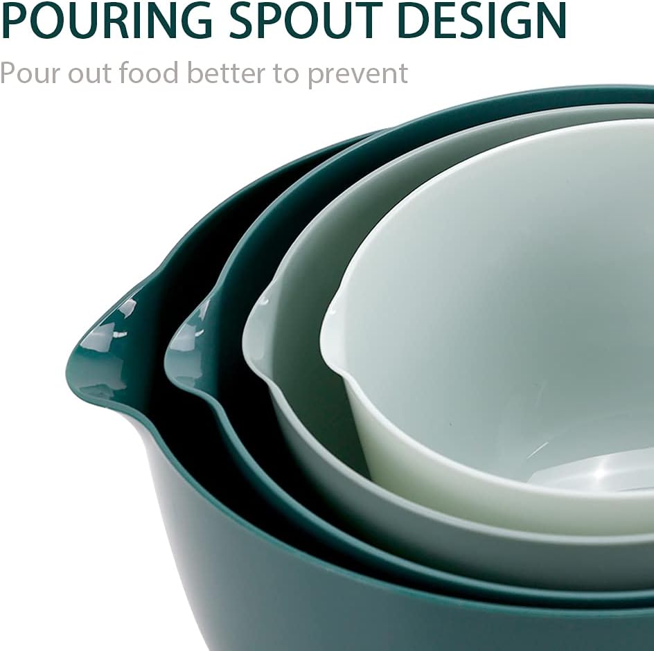 BoxedHome Green Ombre Nesting Plastic Mixing Bowl Set With Pour Spout, Microwave and Dishwasher Safe, BPA free Non-Slip Base, Set of 4 Size 1.7, 2.5, 3.5 and 4.5qt, Great for Prepping, Baking, Cooking