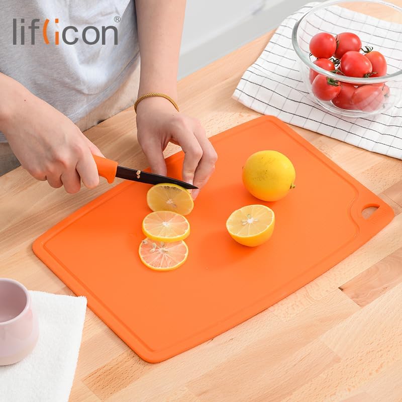 Thick Silicone Cutting Boards for Kitchen Silicone Chopping Boards/Mats Set of 2 Extra Large14.6''x10.43'', Mini 9.1”x7.1” Non-slip Deep Drip Juice Groove, Dishwasher Safe-Orange