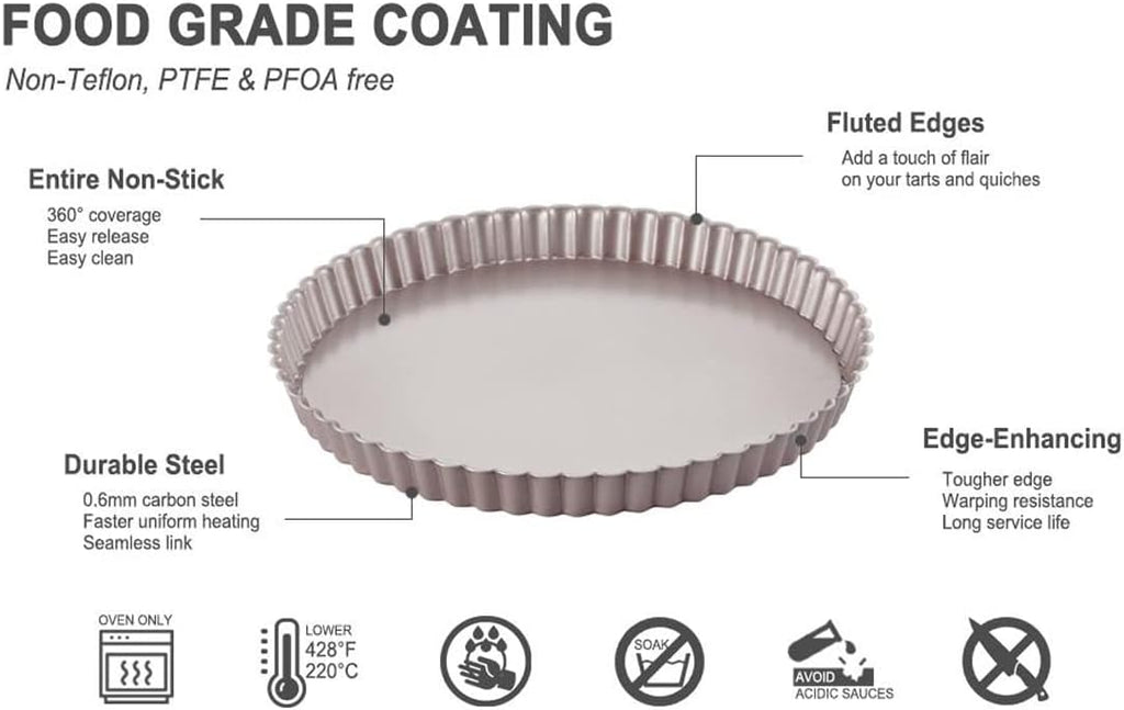Tart Pan 9 inch Removable Bottom Coated Carbon Steel, Non-Stick Round Tartlet Tins Quiche Baking Dish Pie Pan with Fluted Edges Cake Mold (Gold)