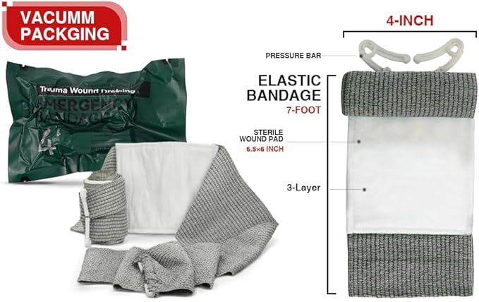 RISEN Israeli Bandage Vacuum Sterile Compression Bandages for First Aid Emergency Battle Wound Dressing Self-Rescue, 4 Inch, 1 Pack