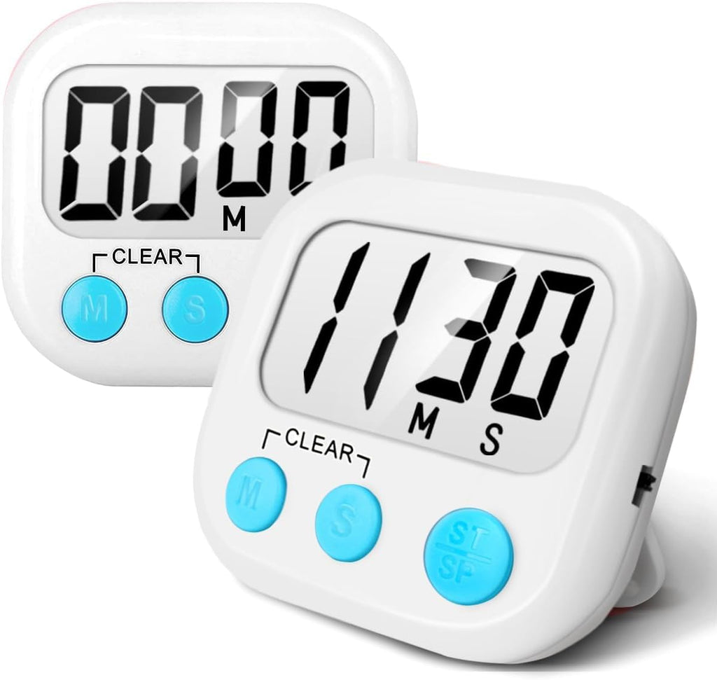 2 Pack Digital Kitchen Timer for Cooking Big Digits Loud Alarm Magnetic Backing Stand Cooking Timers for Baking White