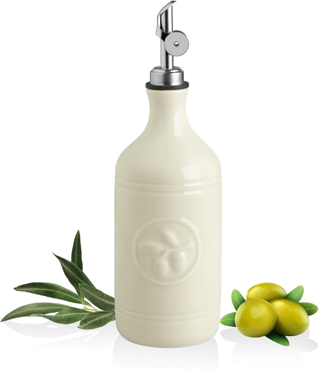 Sweejar 16 Oz Ceramic Olive Oil Dispenser Bottle, Oil Dispenser for Kitchen with Gravity Spout, Relief Opaque Oil Container for Evoo, Avocado Oil, Vinegar, Soy Sauce, 1 Pack(Beige, Silver Spout)