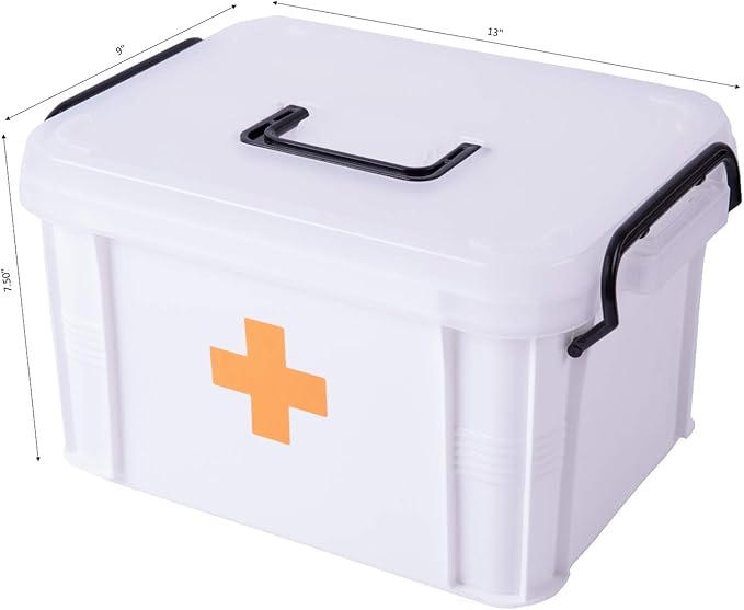 White Large Empty Medical Box for Home Emergency Supplies, Travel, Car, and Dorms – Compact First Aid Box with Handle, Detachable Tray and Locking Lid – Medical Organizer and First Aid Kit Storage