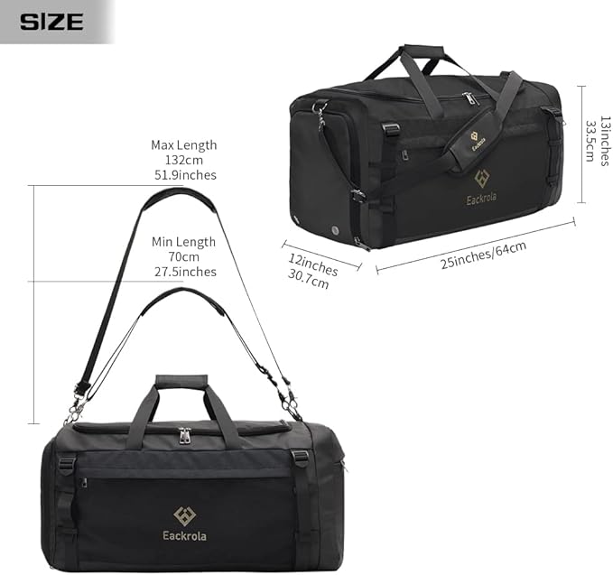 Eackrola Large Sports Gym Bag, Travel Duffel bag with Wet Pocket & Shoes Compartment for men women, 65L, Lightweight（Black）