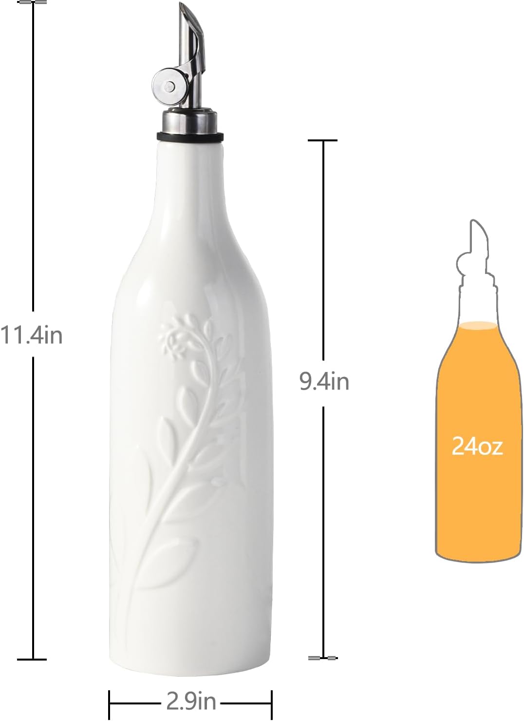 22 Oz Olive Oil Dispenser Bottle with Spout, Ceramic Large Oil Dispenser for Kitchen, Relief Oil Cruet Vinegar Container with Automatic Stainless Steel Pourer Suitable for Oil, Vinegar, Soy Sauce