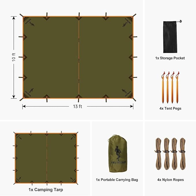FREE SOLDIER Camping Tarp - Waterproof Portable Multifunctional Outdoor Awning Backpacking Shelter Rain Tarp (Brown 1013ft)