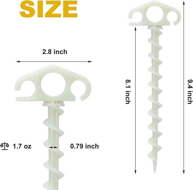 Tent Stakes Sand Stakes for Beach Tent 6 Pack Spiral Anchor Stakes 9.4 Inch Heavy Duty Screw Canopy Stakes for Camping, Hiking and More (6, Beige)