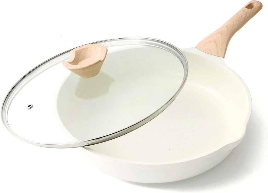 Nonstick Ceramic Frying Pan with Lid, 12.5 Inch Ceramic Large Skillet with Lid, Healthy Non Toxic Cooking Pan, Stay-Cool Handle, Induction Compatible, PFOA & PFAS Free, White