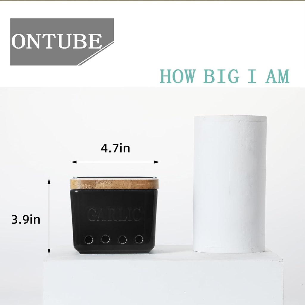 ONTUBE Garlic Keeper with Lid, Ceramic Garlic Holder Storage, Garlic Container for Kitchen, Garlic Saver to Keep Your Garlic Cloves Fresh Longer 4.7-Inch, Black