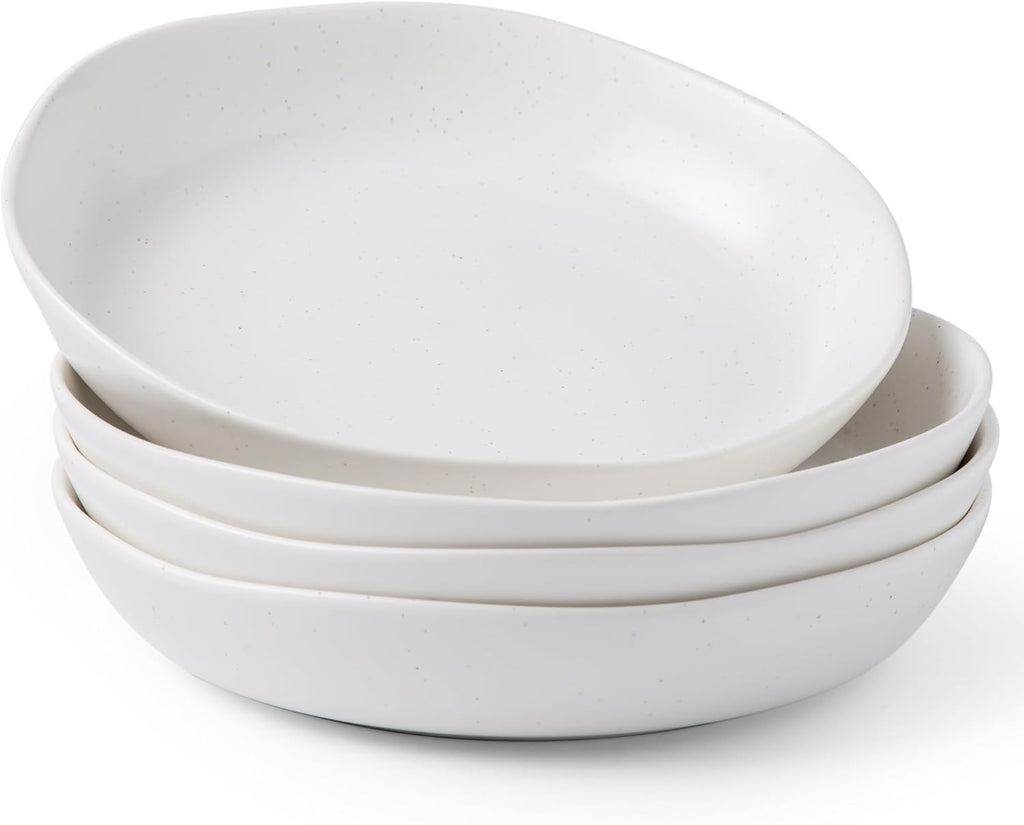AmorArc 9.75'' Speckled Large Ceramic Pasta Bowls, 38oz Stoneware Bowls Set of 4, Oven, Microwave&Dishwasher Safe Bowls with Wavy Rim for Fruit Pasta Salad Meal, Matte Speckled White