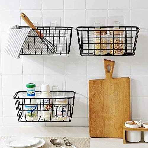 2 Set Hanging Wall Basket Organizer Over the Cabinet Door Wire Baskets for Organizing -No Drilling Adhesive Wall Storage Basket, Space-Saving Hanging Baskets for Organizing Wall Mount Storage,Black