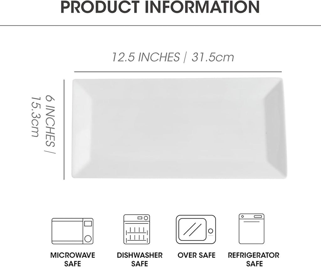 12" Serving Platters Set of 4, White Rectangular Plates, Ceramic Serving Tray, Stackable Large Party Plates for Appetizer, Dessert, Steak, Sushi, Housewarming, Oven Dishwasher Safe