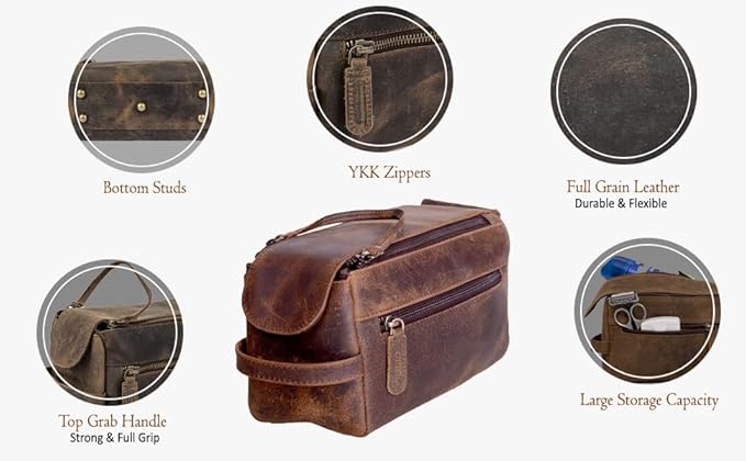 KomalC Premium Buffalo Leather Unisex Toiletry Bag Travel Dopp Kit