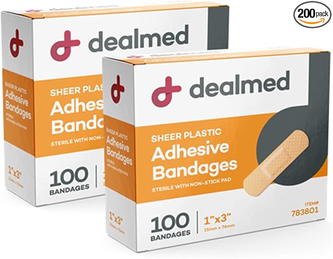 Dealmed Sheer Plastic Flexible Adhesive Bandages – 100 Count (2 Pack) Bandages with Non-Stick Pad, Latex Free, Wound Care for First Aid Kit, 1" x 3"