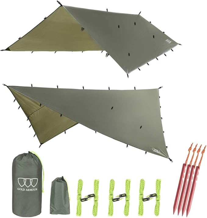 Gold Armour Rainfly Tarp Hammock, Premium 14.7ft/12ft/10ft/8ft Rain Fly Cover, Waterproof Ultralight Camping Shelter Canopy, Survival Equipment Gear Camping Tent Accessories (OD Green 10ft x 8ft)