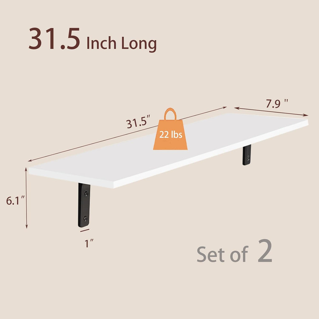 DINZI LVJ Long Wall Shelves, 31.5 x 7.9 x 6.1 Inches, Set of 2 White Floating Shelves, Easy-to-Install, Large Storage Ledges with Sturdy Metal Brackets for Living Room, Bathroom, Bedroom, Kitchen