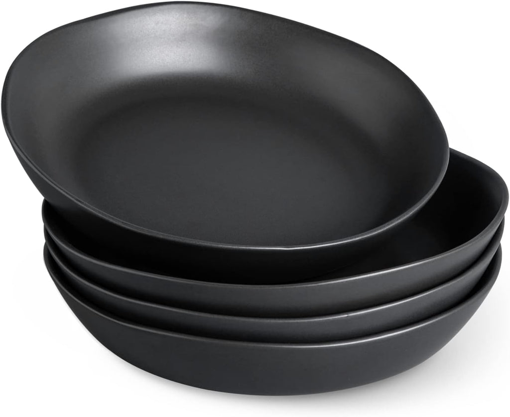AmorArc 9.75'' Ceramic Large Pasta Bowls, 38oz Stoneware Flat Serving Bowls Set of 4, Oven,Microwave&Dishwasher Safe Bowls with Wavy Rim for Fruit Pasta Salad Meal, Matte Black