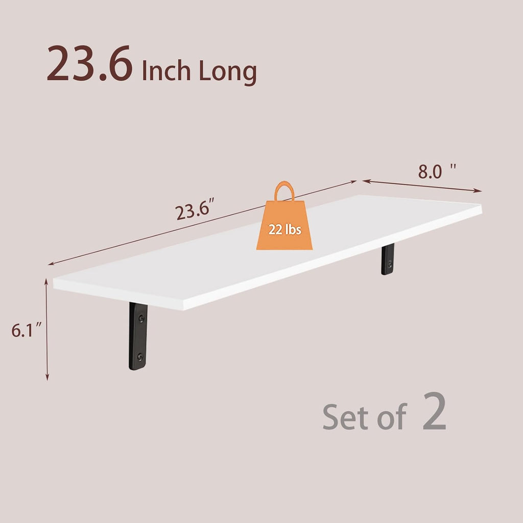 DINZI LVJ Long Wall Shelves, 23.6 Inch Wall Mounted Shelves Set of 2, Easy-to-Install, Wall Storage Ledges with Sturdy Metal Brackets for Living Room, Bathroom, Bedroom, Kitchen, White