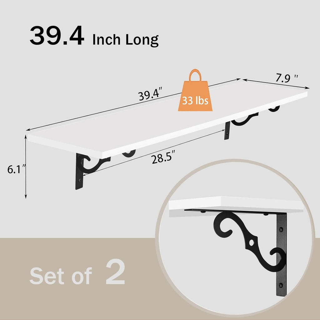 DINZI LVJ Long Wall Shelves, 39.4 Inch Large Floating Shelves Set of 2, Wide Display Shelf Wall Mounted with Brackets, Easy Hanging for Living Room, Toilet, Office, Bedroom, White