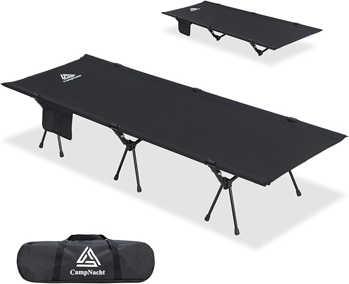 CAMPNACHT Ultralight Camping Cot with Leg Extenders, Aluminum Lightweight Folding Cot for Adults, Portable Backpacking Compact Tent Cot for Outdoor, Hiking, 1 Pack with 2 Use Modes, Black