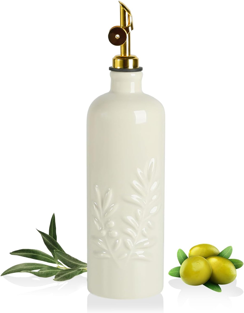 Sweejar 18 Oz Oil Dispenser for Kitchen with Gravity Spout, Ceramic Olive Oil Dispenser Bottle, Relief Opaque Vinegar Container for Evoo, Vinegar, Soy Sauce, Pack of 1(Beige, Gold Spout)