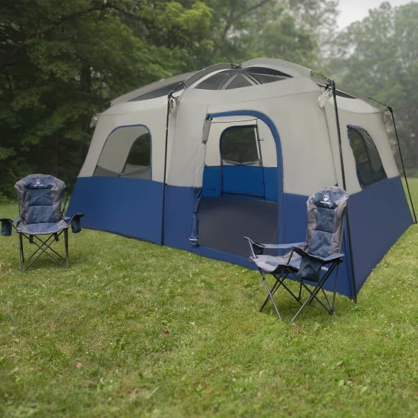 10 Person Camping Tent - Large Outdoor Tent with Room Divider and Rainfly - Family Camping House with 2 Doors and 4 Screen Windows by Wakeman Outdoors (Navy)