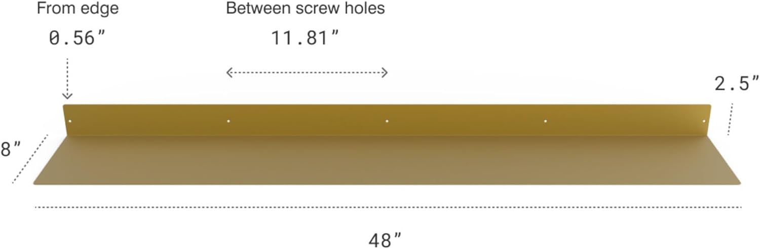 DIY CARTEL Linear Floating Shelf - Forged USA Steel - Industrial Heavy Duty Metal Wall Mounted Modern Rustic Shelf - Made in The USA (48-in X 8-in Powder Coated Gold)