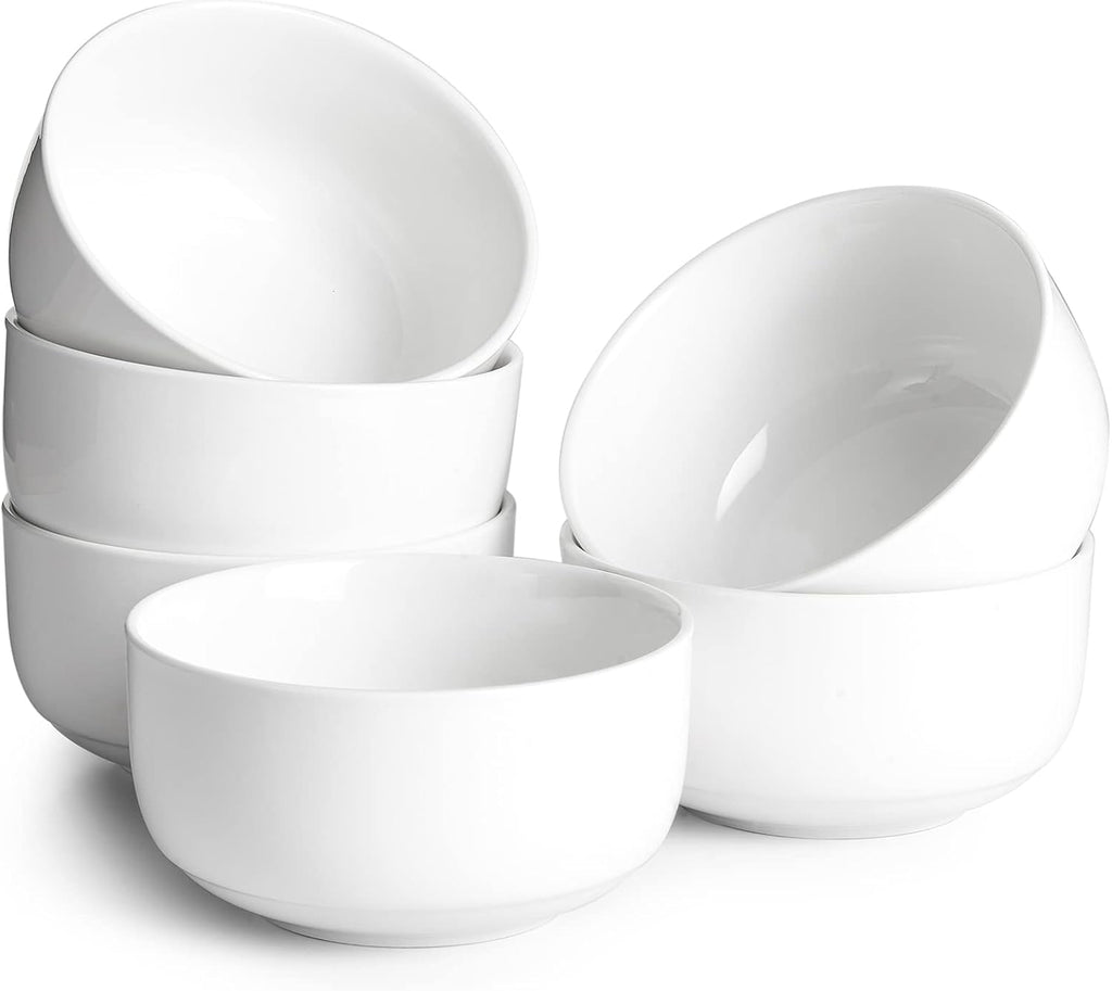 DOWAN 22 OZ Ceramic Cereal Bowls - 5.25" White Soup Bowls Set of 6 for Kitchen, Bouillon Cups for Cereal, Soup, Oatmeal, Rice, Dishwasher & Microwave Safe