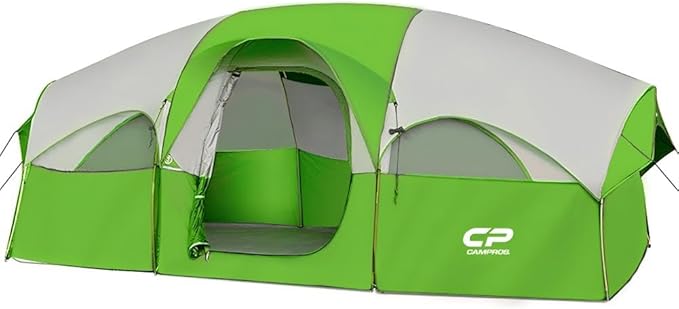 CAMPROS CP Tent 8 Person Camping Tents, Weather Resistant Family Tent, 5 Large Mesh Windows, Double Layer, Divided Curtain for Separated Room, Portable with Carry Bag