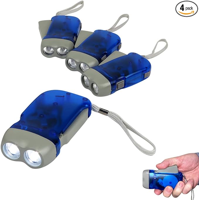 Evelots Hand Crank Emergency Flashlights -4 Pack- Camping, Home, Car - Double LED Bright Lights - Great for Hiking, Outdoor Sports, Power Outage Easy to Use