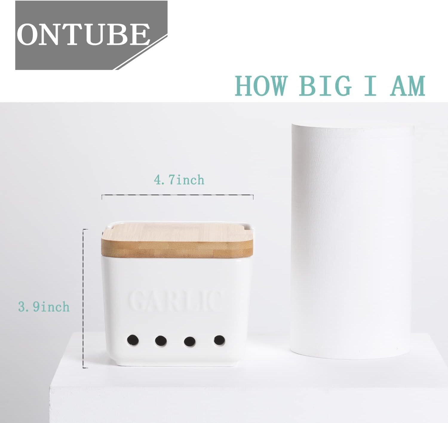 ONTUBE Garlic Keeper with Lid, Ceramic Garlic Holder Storage, Garlic Container for Kitchen, Garlic Saver to Keep Your Garlic Cloves Fresh Longer 4.7-Inch, White