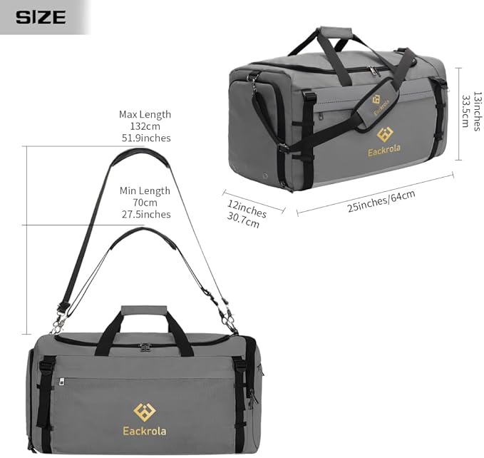 Eackrola Large Sports Gym Bag, Travel Duffel bag with Wet Pocket & Shoes Compartment for men women, 65L, Lightweight（Light Gray）