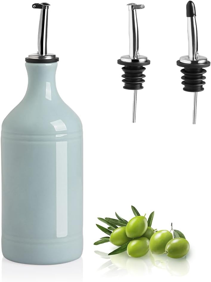 Sweejar Ceramic Olive Oil Dispenser Bottle, Opaque Oil Cruet Protects Oil to Reduce Oxidation, Suitable for Storage Oil, Vinegar, Coffee Syrups & Other Liquids, Pack of 1, 15.5 Fl Oz (Light Blue)