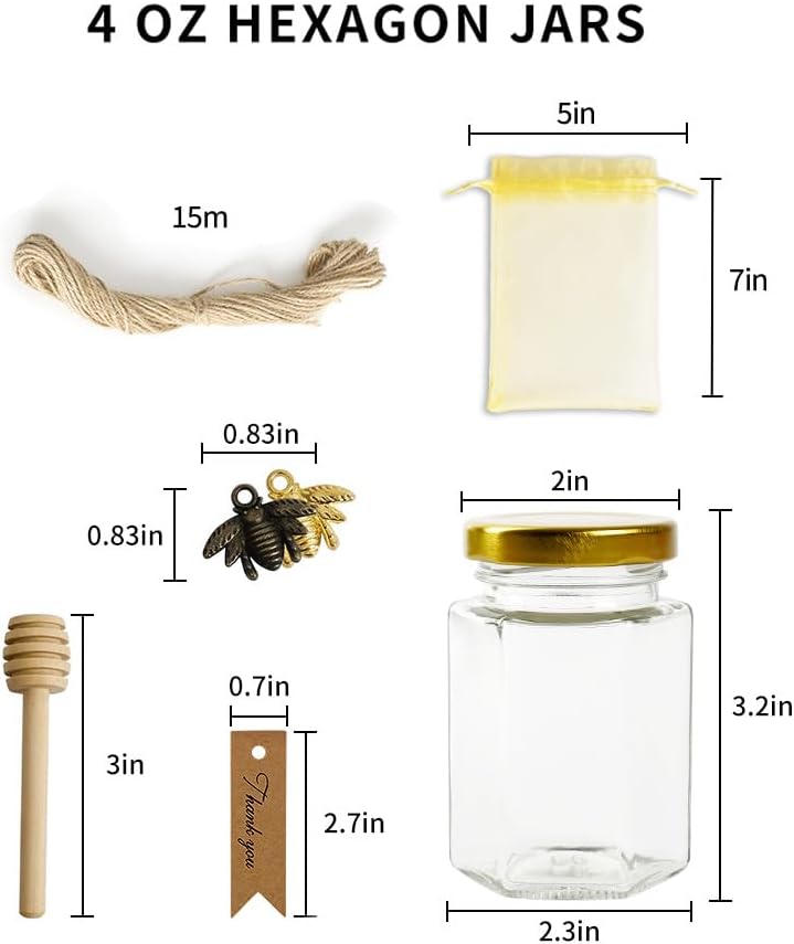 24 Pack 4oz Glass Hexagon Honey Jars Golden Lids -Wooden Honey Dipper, Bee Charms, Tag String, Gold Gift Bags, Thank You Gift Tags, Wedding Favors Baby Shower Party (Gold 24 bags)