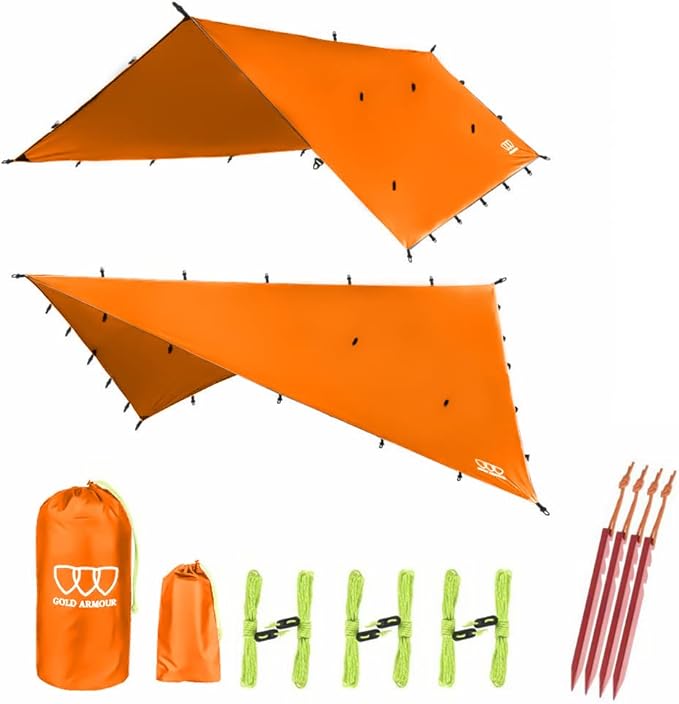 Gold Armour Rainfly Tarp Hammock, Premium 14.7ft/12ft/10ft/8ft Rain Fly Cover, Waterproof Ultralight Camping Shelter Canopy, Survival Equipment Gear Camping Tent Accessories (Orange 10ft x 10ft)