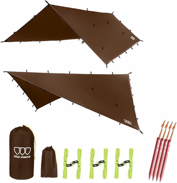 Gold Armour Rainfly Tarp Hammock, Premium 14.7ft/12ft/10ft/8ft Rain Fly Cover, Waterproof Ultralight Camping Shelter Canopy, Survival Equipment Gear Camping Tent Accessories (Brown 10ft x 10ft)